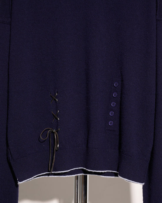 aalis SHELIA button details leather trim crewneck sweater (Navy mix)