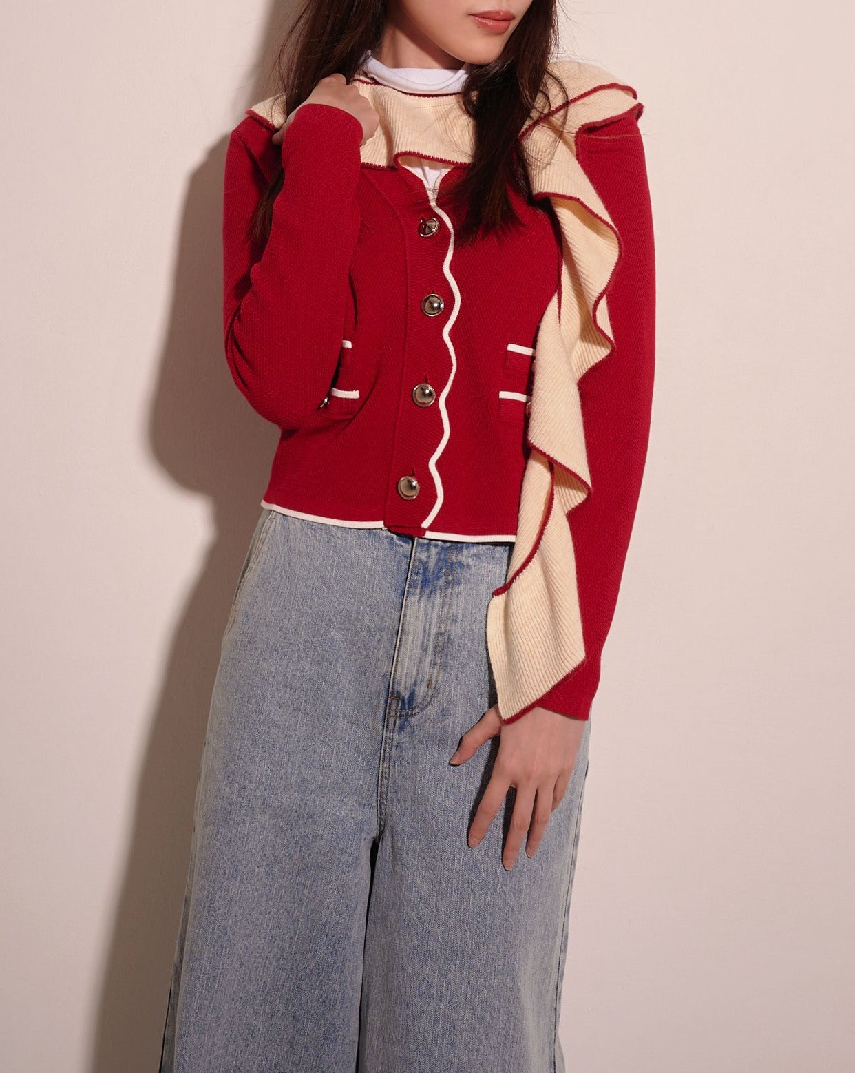 aalis MAG scallop edge color blocking cardigan (Red mix)