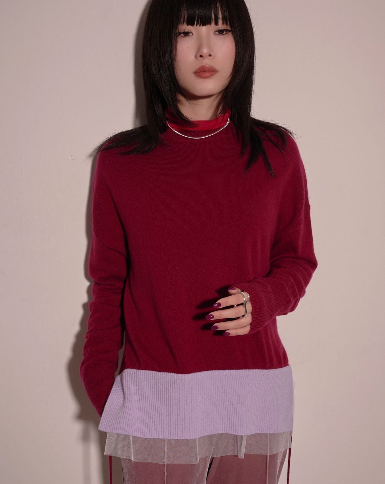 aalis FLURINA hi-lo cashmere sweater with mesh detail (Red lilac)