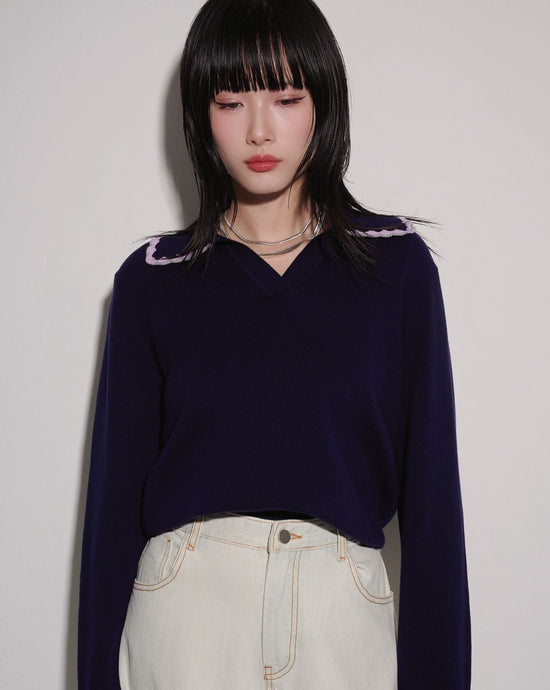 aalis MURPHY crochet trim collar v neck sweater (Dark purple)