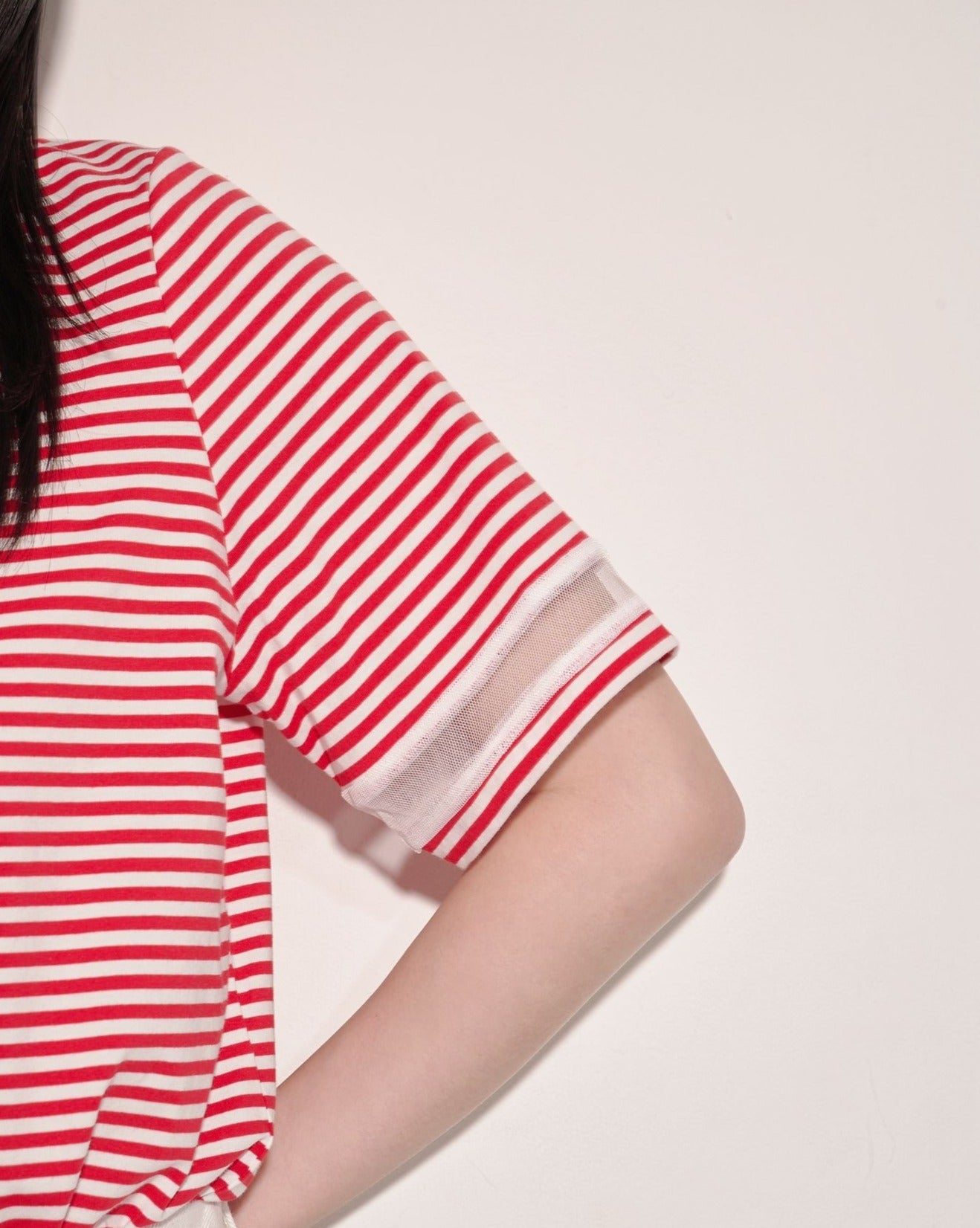aalis GEM mesh cuff short sleeves tee (Red stripe)