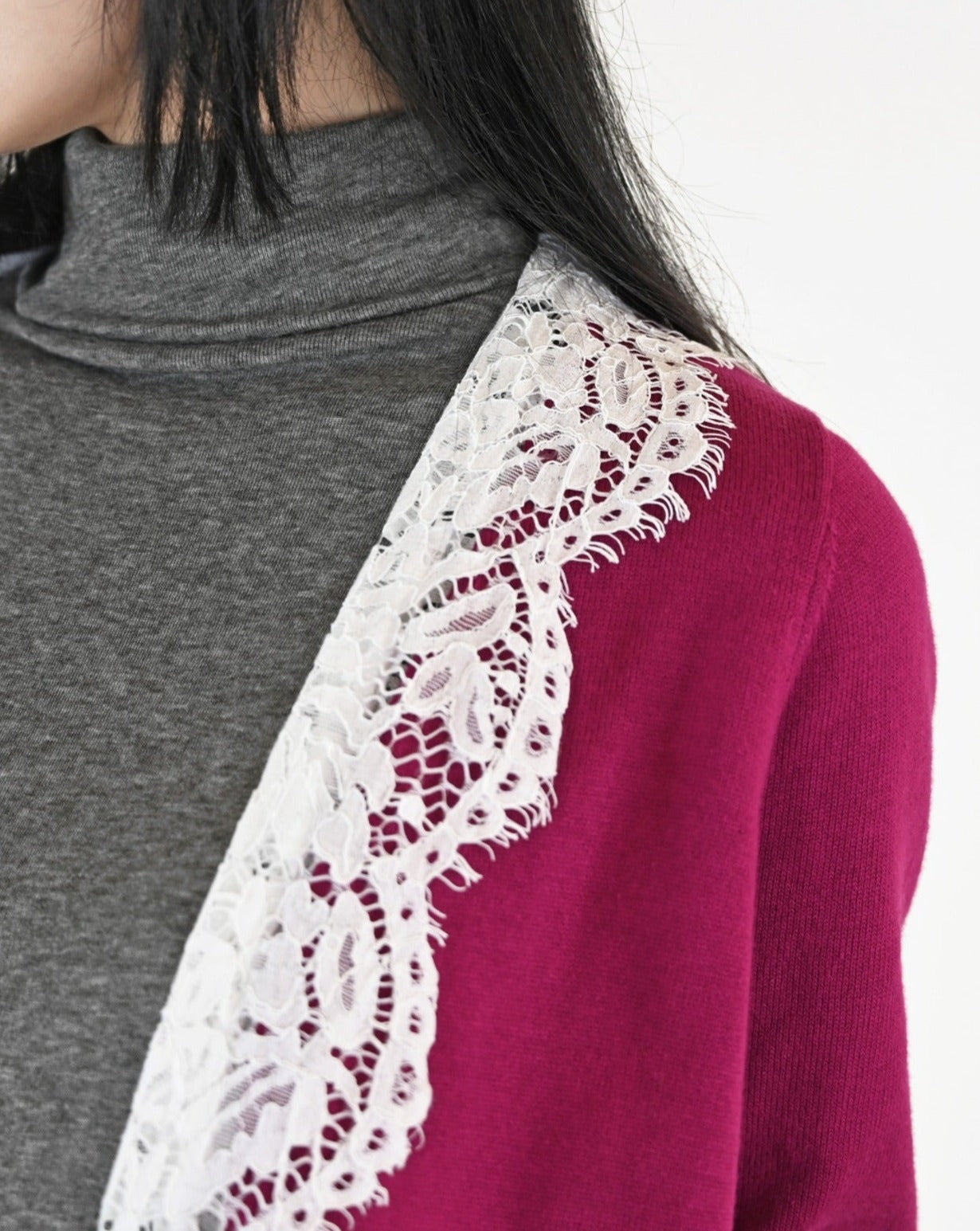 aalis MIDO lace trim long knit cardigan (Magenta)