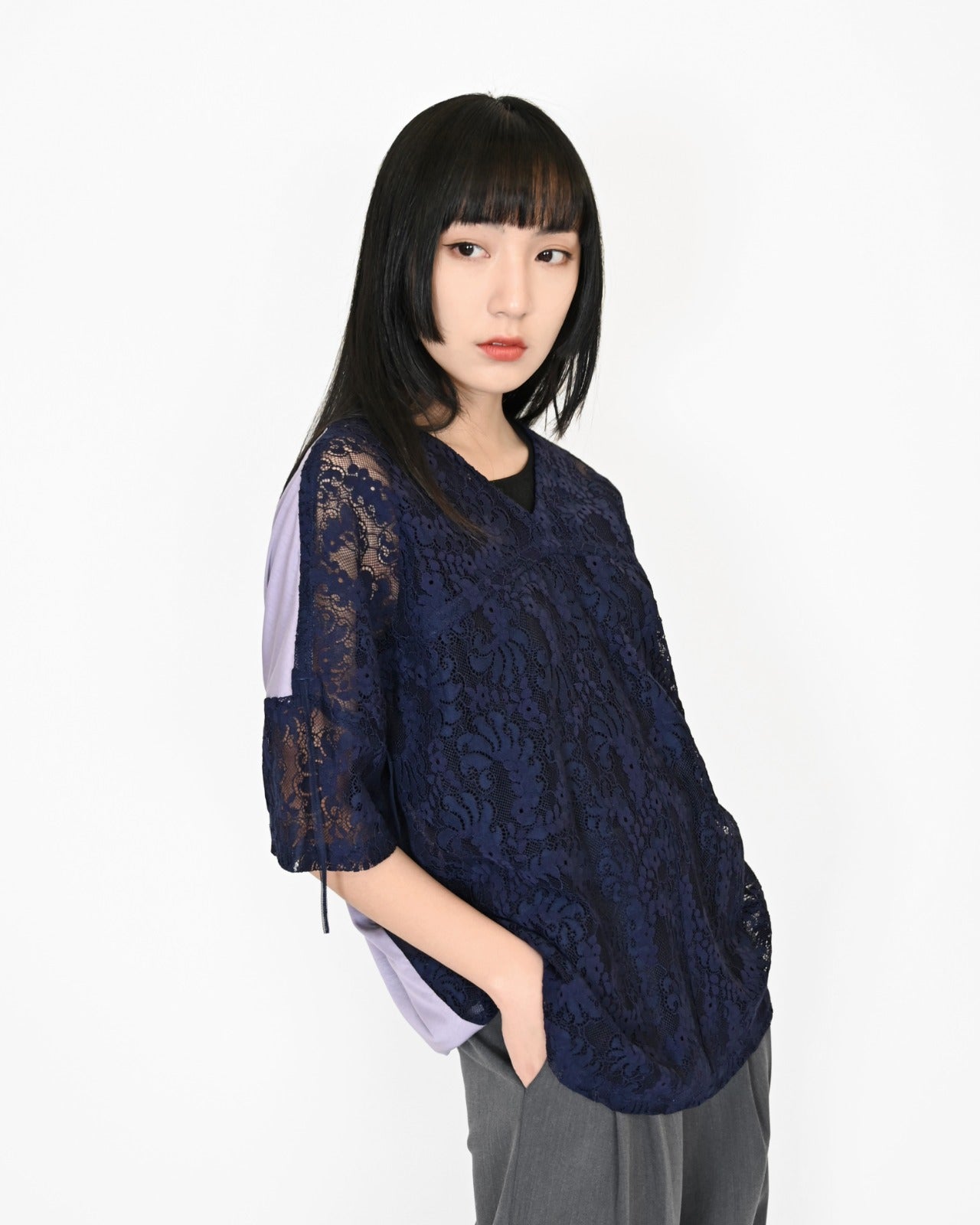 aalis PARK rusching detail woven knit top (Navy purple)