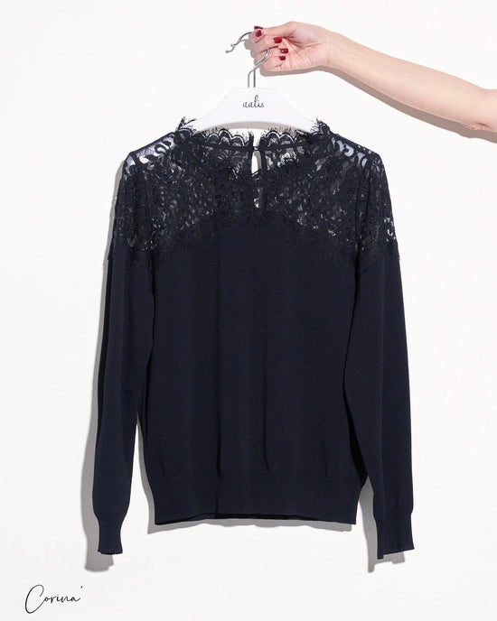 aalis CORINA V shape lace details trim on the neck knit sweater (Black)