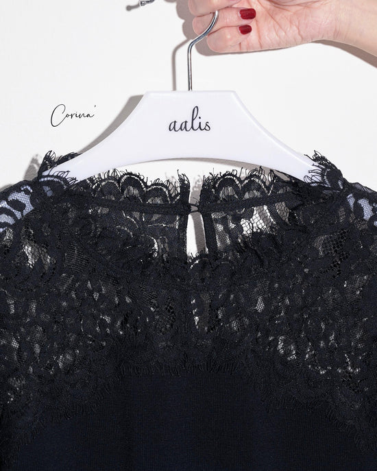 aalis CORINA V shape lace details trim on the neck knit sweater (Black)