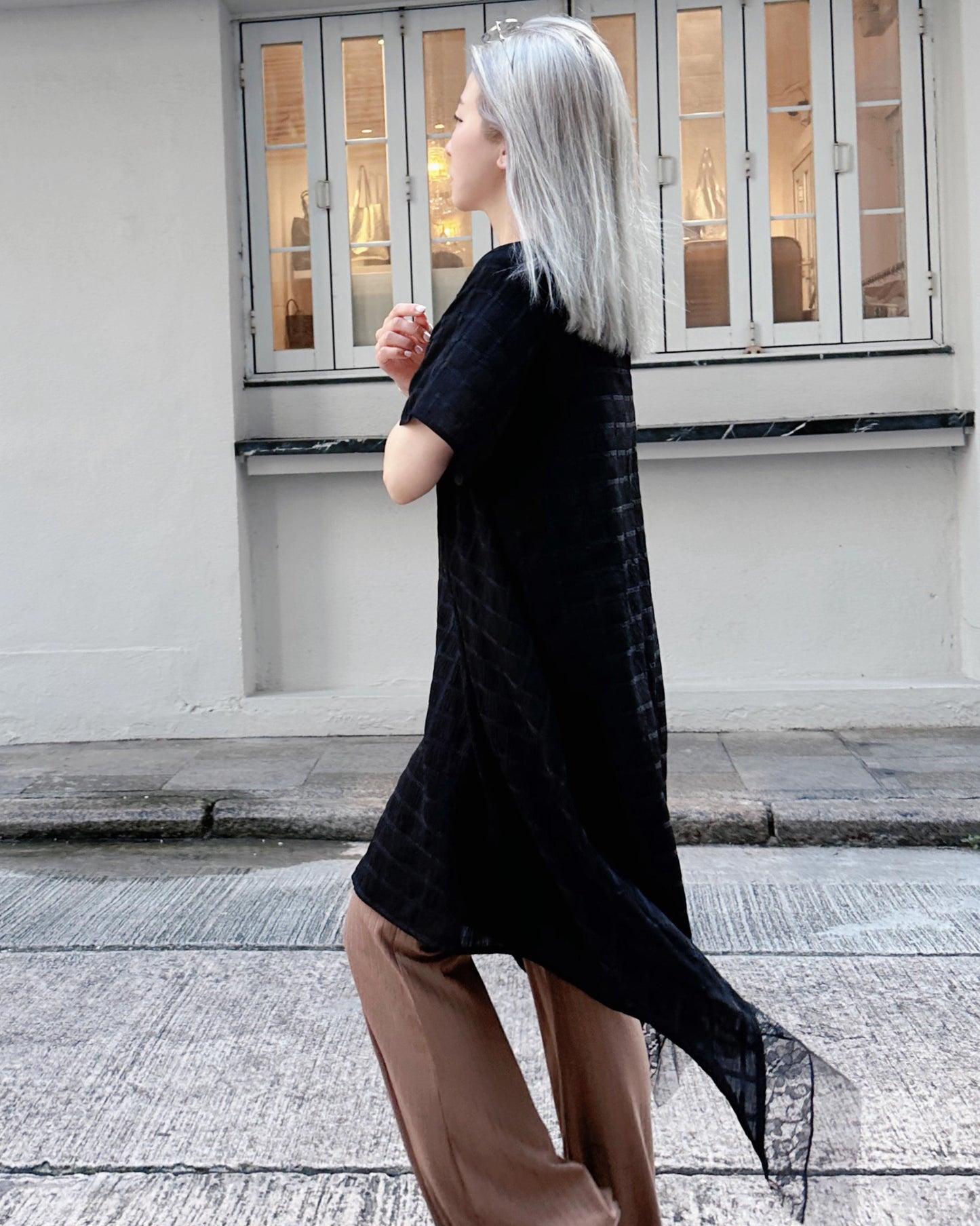 aalis BIJOO Side lace mesh ruffle detail scoop neck dress (Black)