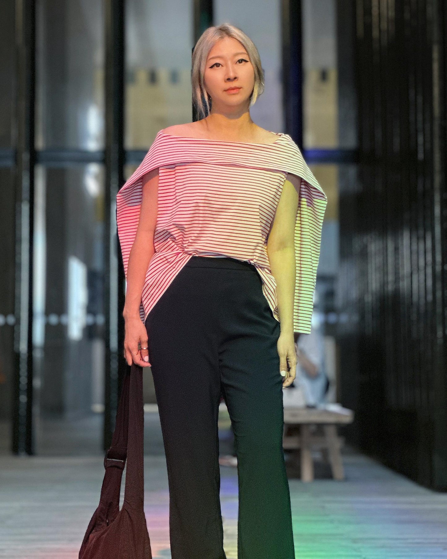 aalis RENI off shoulder knit cape top (Red stripe)