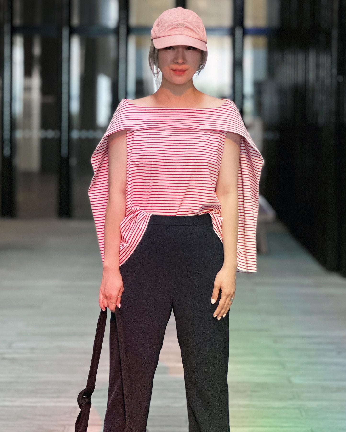 aalis RENI off shoulder knit cape top (Red stripe)