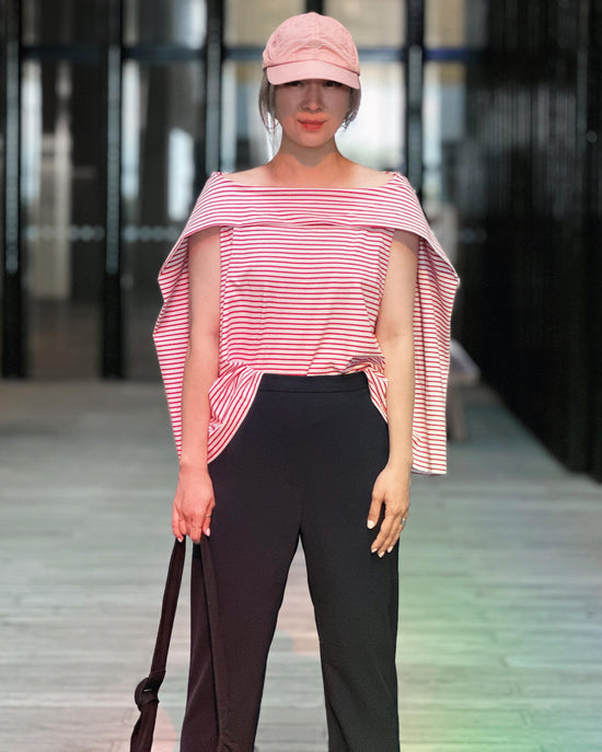 aalis RENI off shoulder knit cape top (Red stripe)