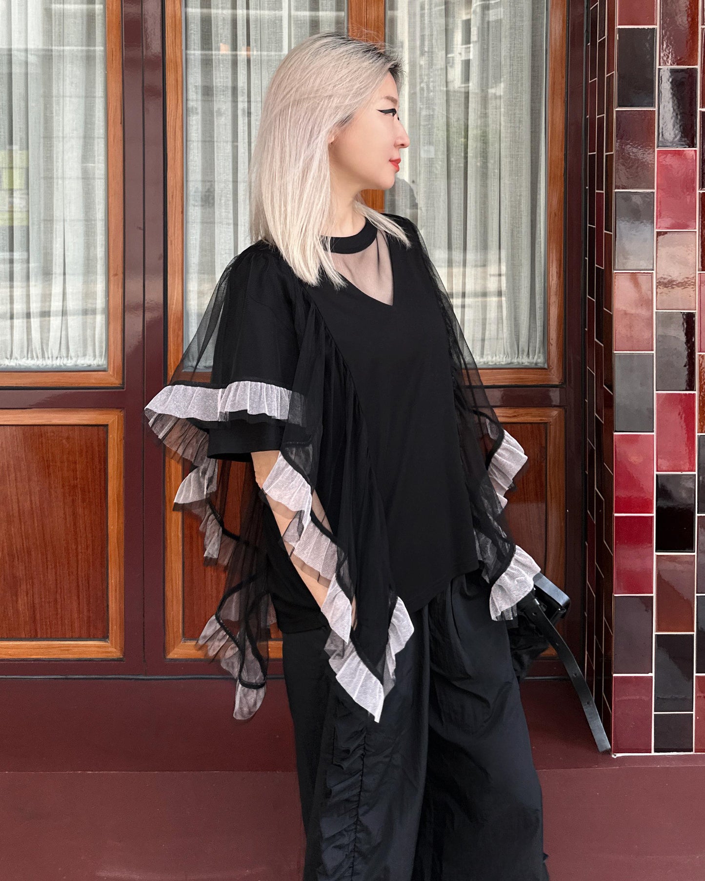 [Flash Promotion] aalis HANNAH lurex mesh cascade mesh Tunic Top (Black)