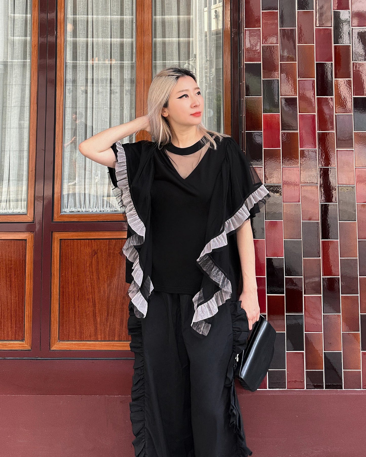 [Flash Promotion] aalis HANNAH lurex mesh cascade mesh Tunic Top (Black)