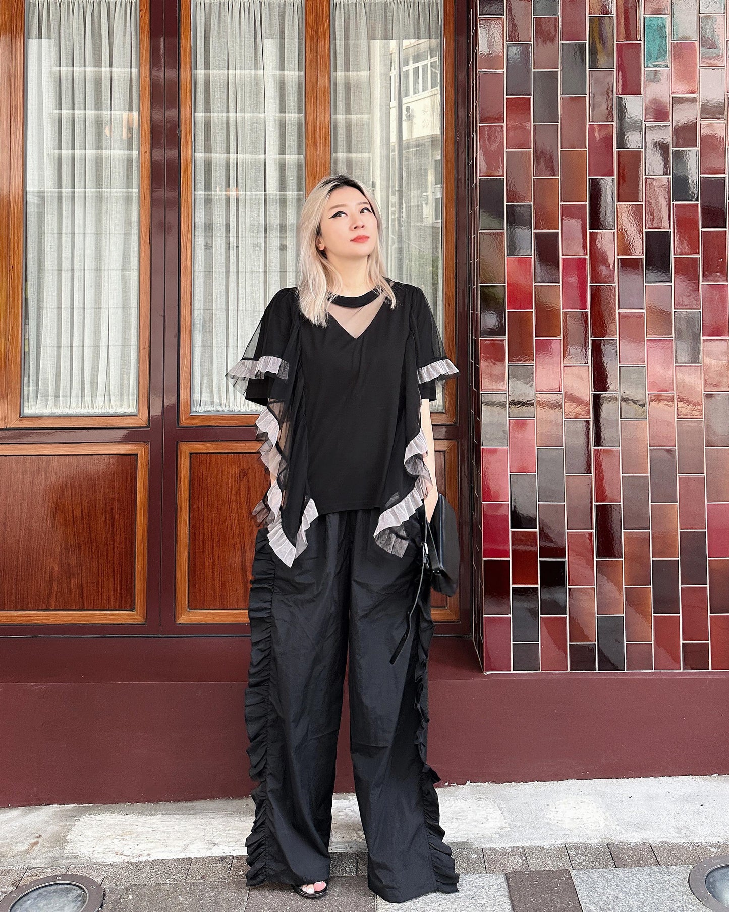 [Flash Promotion] aalis HANNAH lurex mesh cascade mesh Tunic Top (Black)