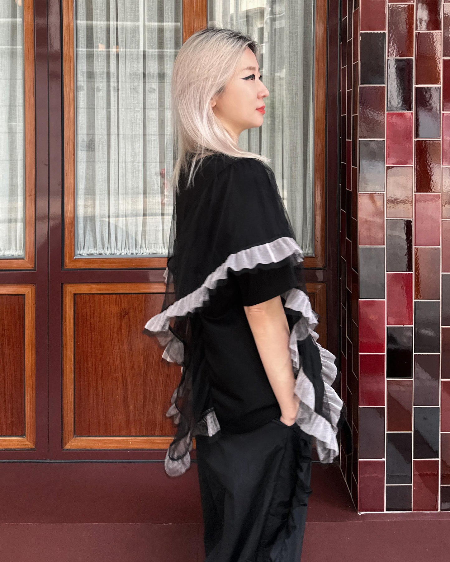 [Flash Promotion] aalis HANNAH lurex mesh cascade mesh Tunic Top (Black)