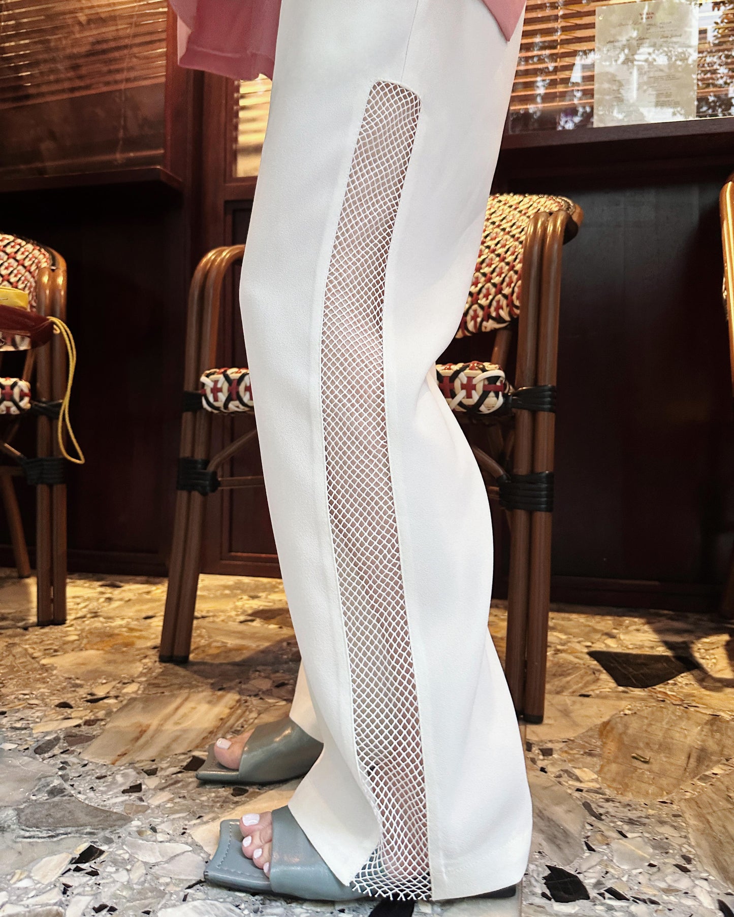 aalis ADDI side netting panel straight legs pants (White)