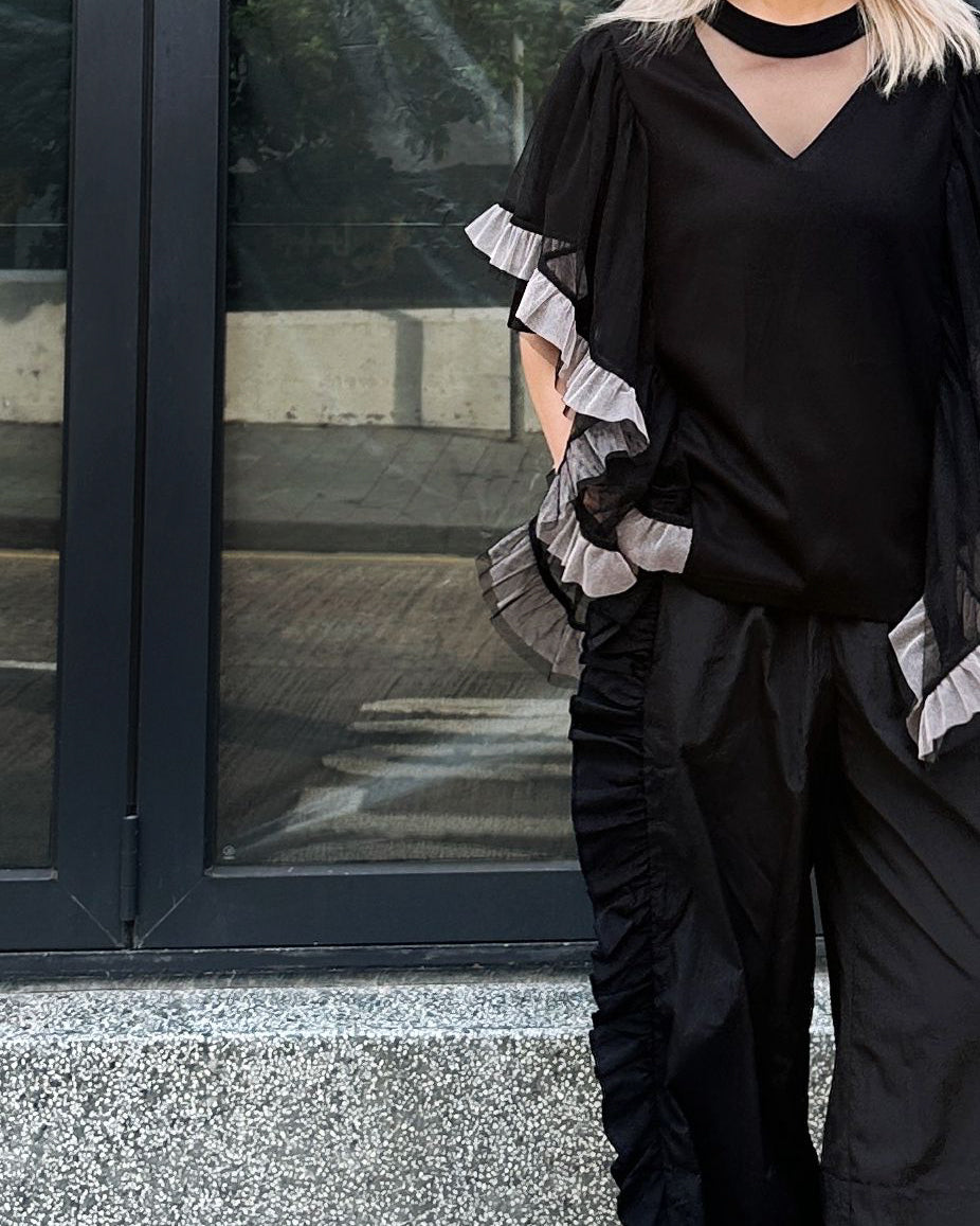 [Flash Promotion] aalis HANNAH lurex mesh cascade mesh Tunic Top (Black)
