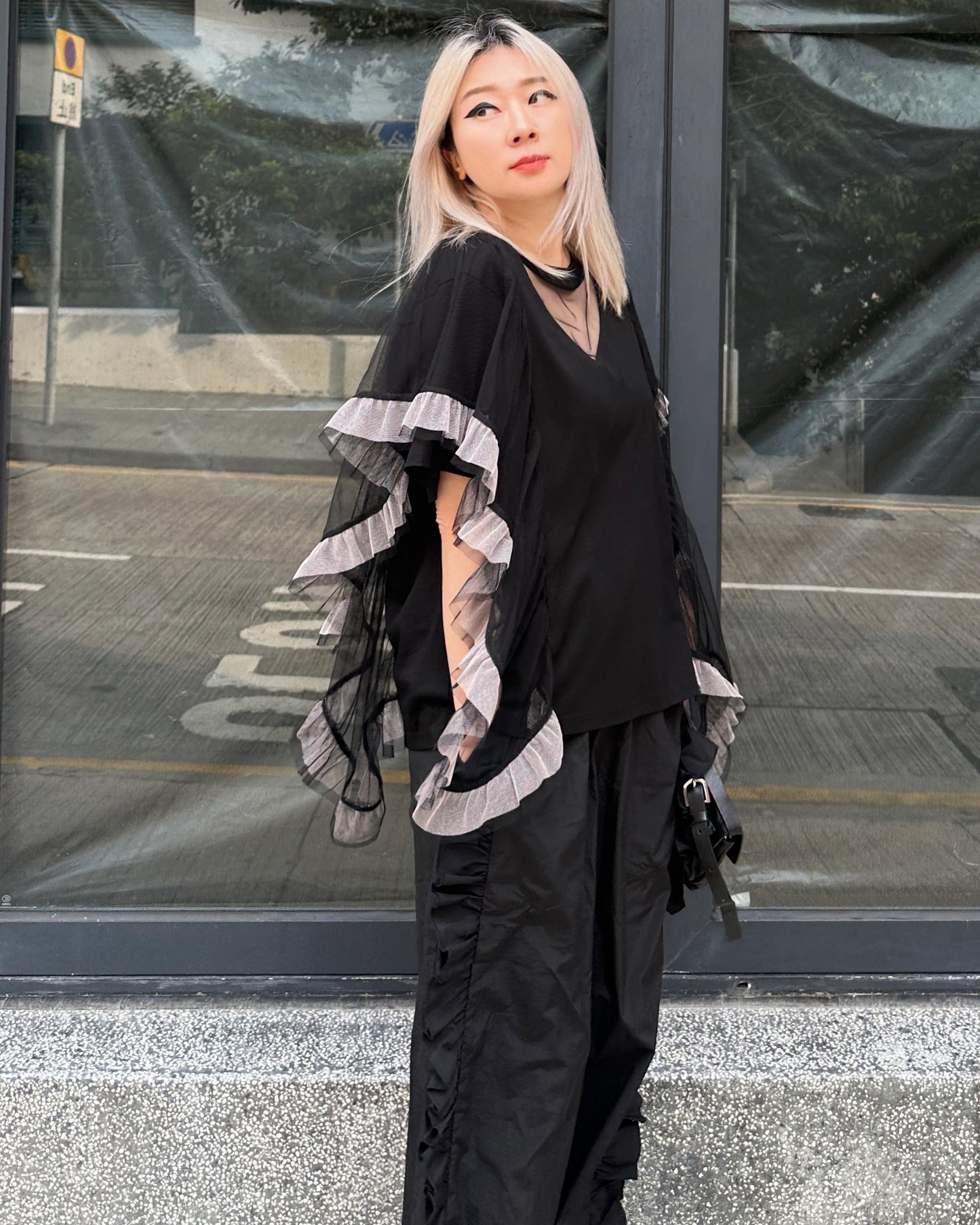 [Flash Promotion] aalis HANNAH lurex mesh cascade mesh Tunic Top (Black)