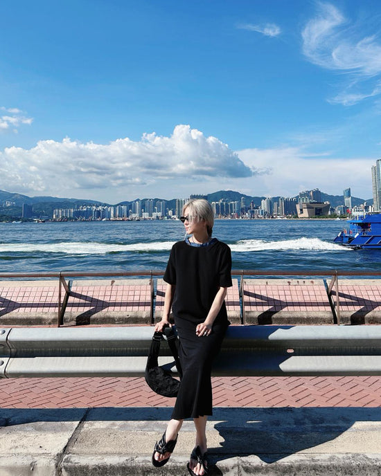 aalis KEMI mesh collar grosgrain ribbon tie on the back bias cut dress (Black)