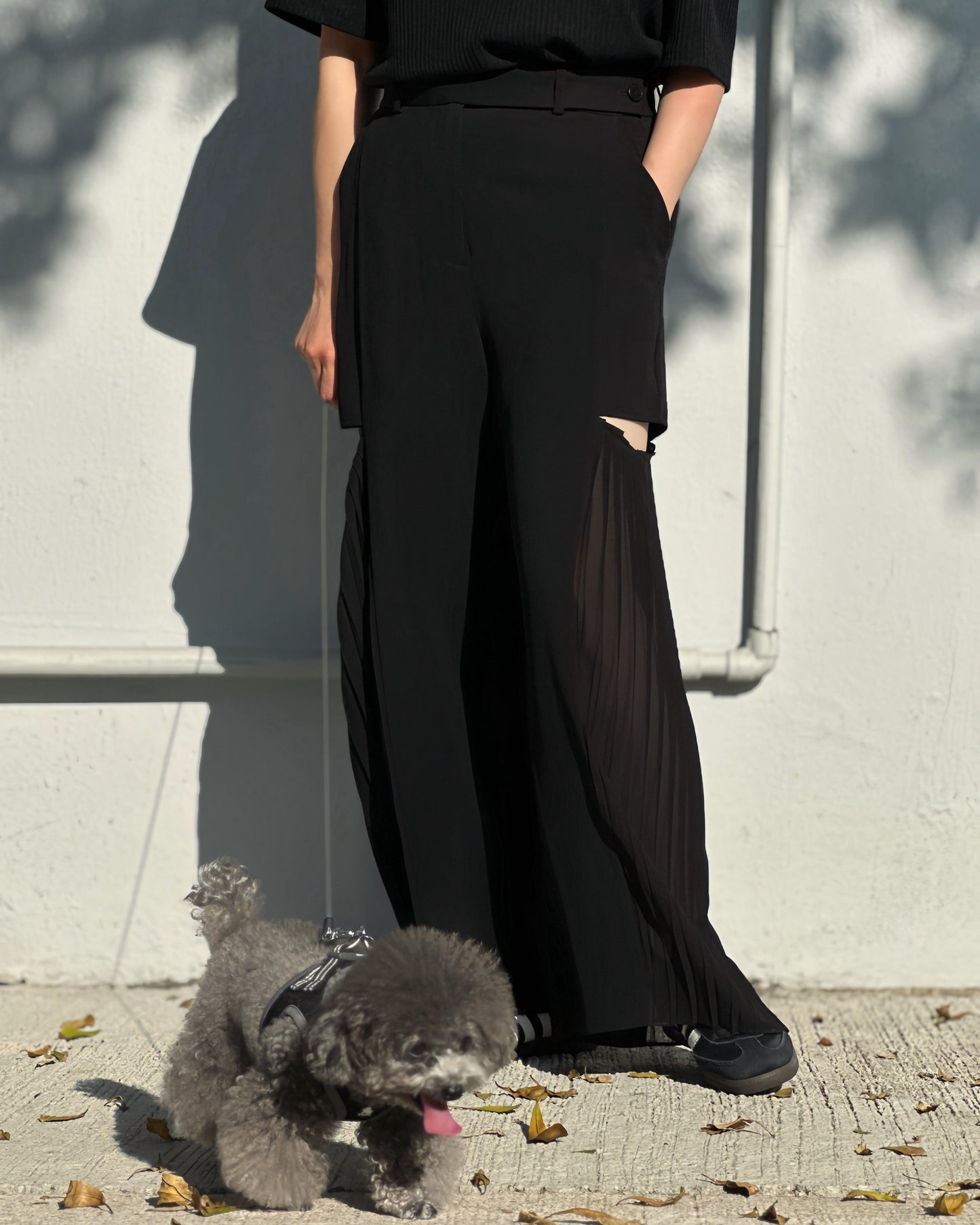 aalis LAM cutout chiffon side pleated pants (Black)