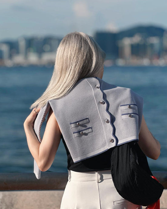 aalis MAG FW25 scallop edge color blocking 4 pockets cardigan (Light blue mix)