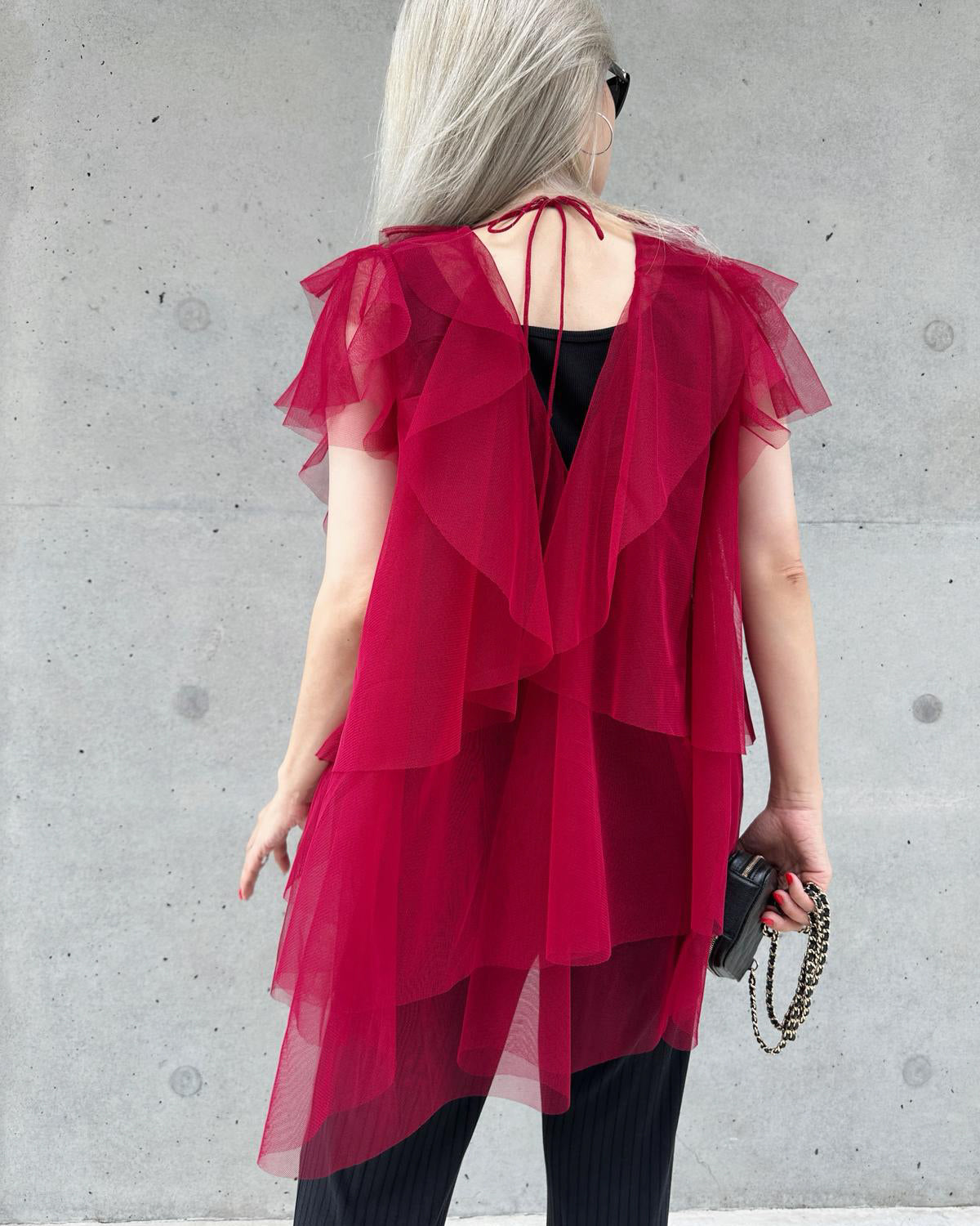 aalis OMARI Deep V frill mesh top (Dark red)