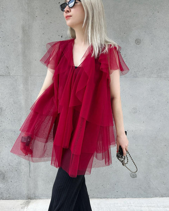 aalis OMARI Deep V frill mesh top (Dark red)