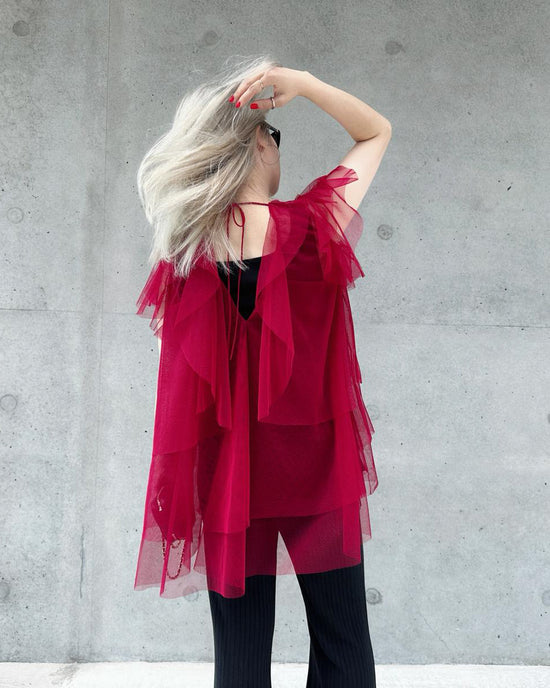 aalis OMARI Deep V frill mesh top (Dark red)
