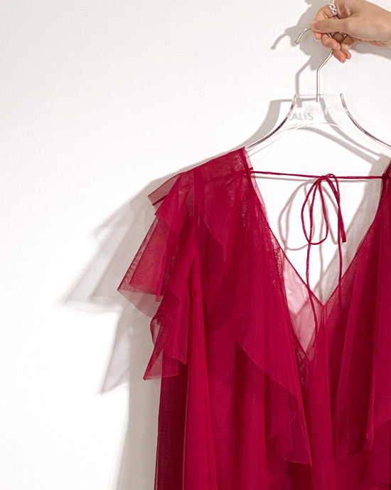 aalis OMARI Deep V frill mesh top (Dark red)