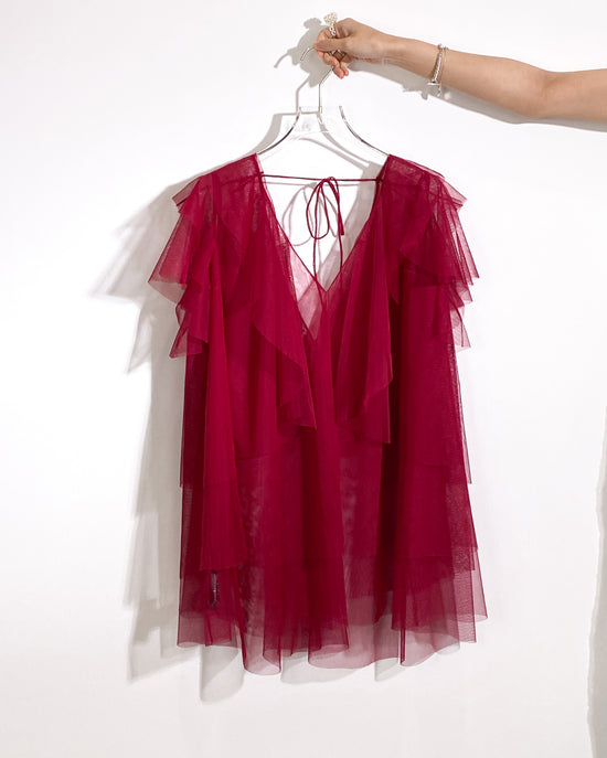 aalis OMARI Deep V frill mesh top (Dark red)