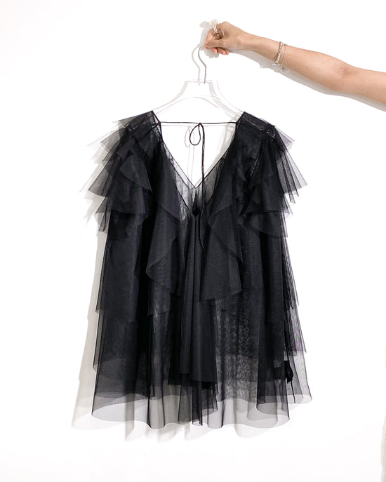 aalis OMARI Deep V frill mesh top (Black)