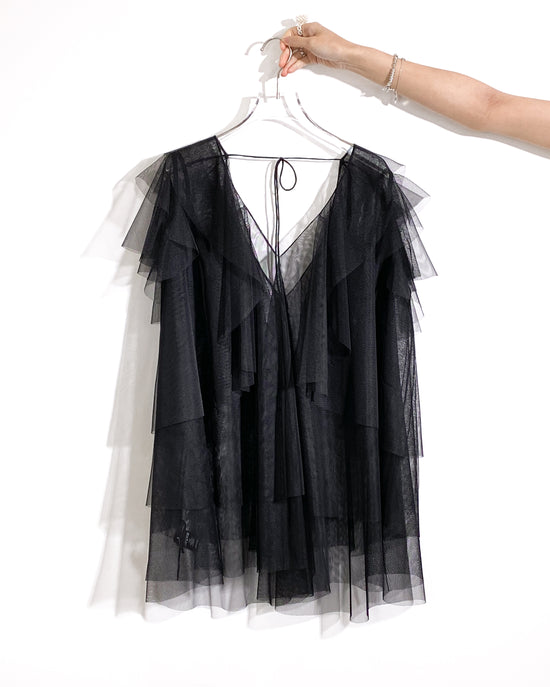 aalis OMARI Deep V frill mesh top (Black)