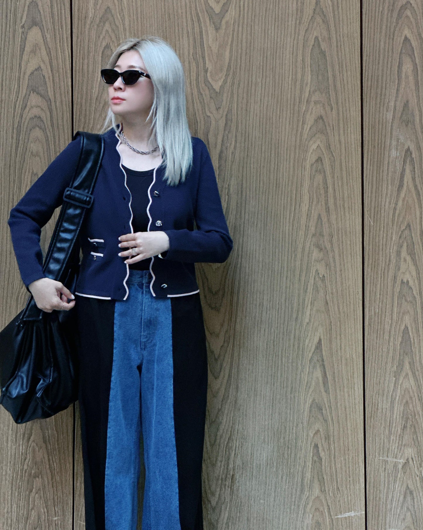 aalis MAG FW25 scallop edge color blocking 4 pockets cardigan (Navy mix)