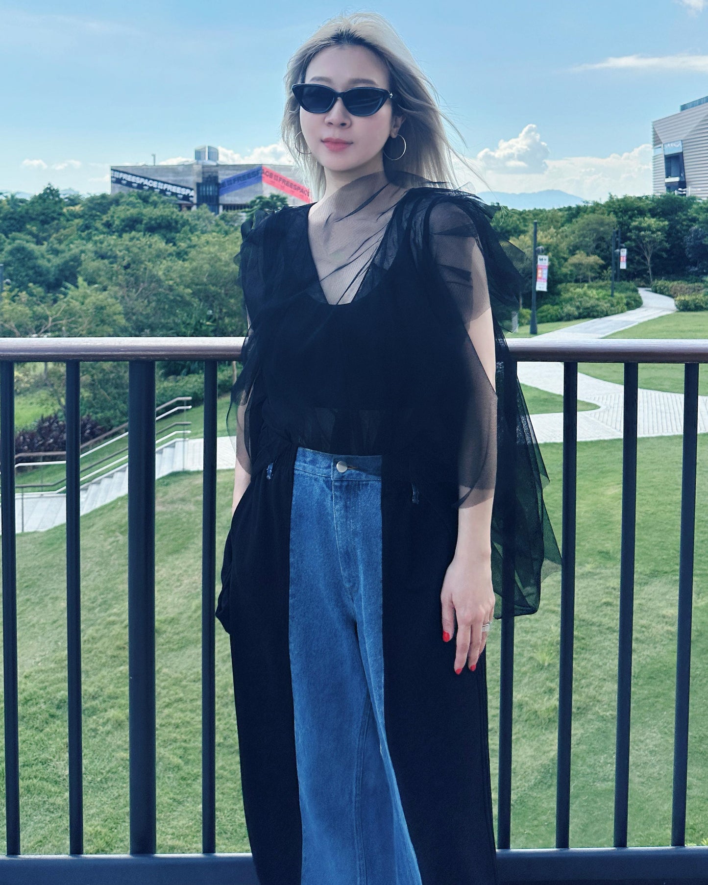 aalis OMARI Deep V frill mesh top (Black)