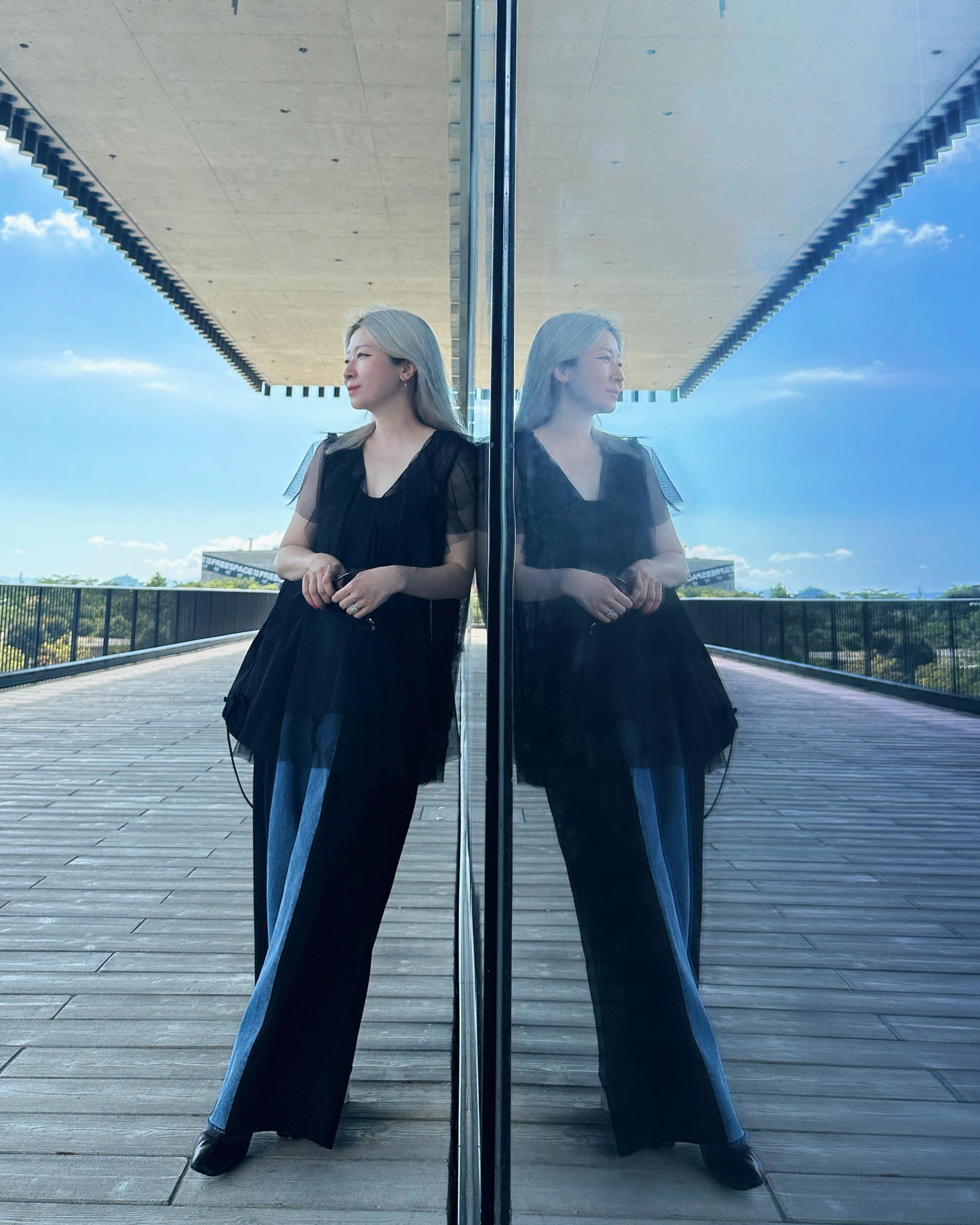 aalis OMARI Deep V frill mesh top (Black)