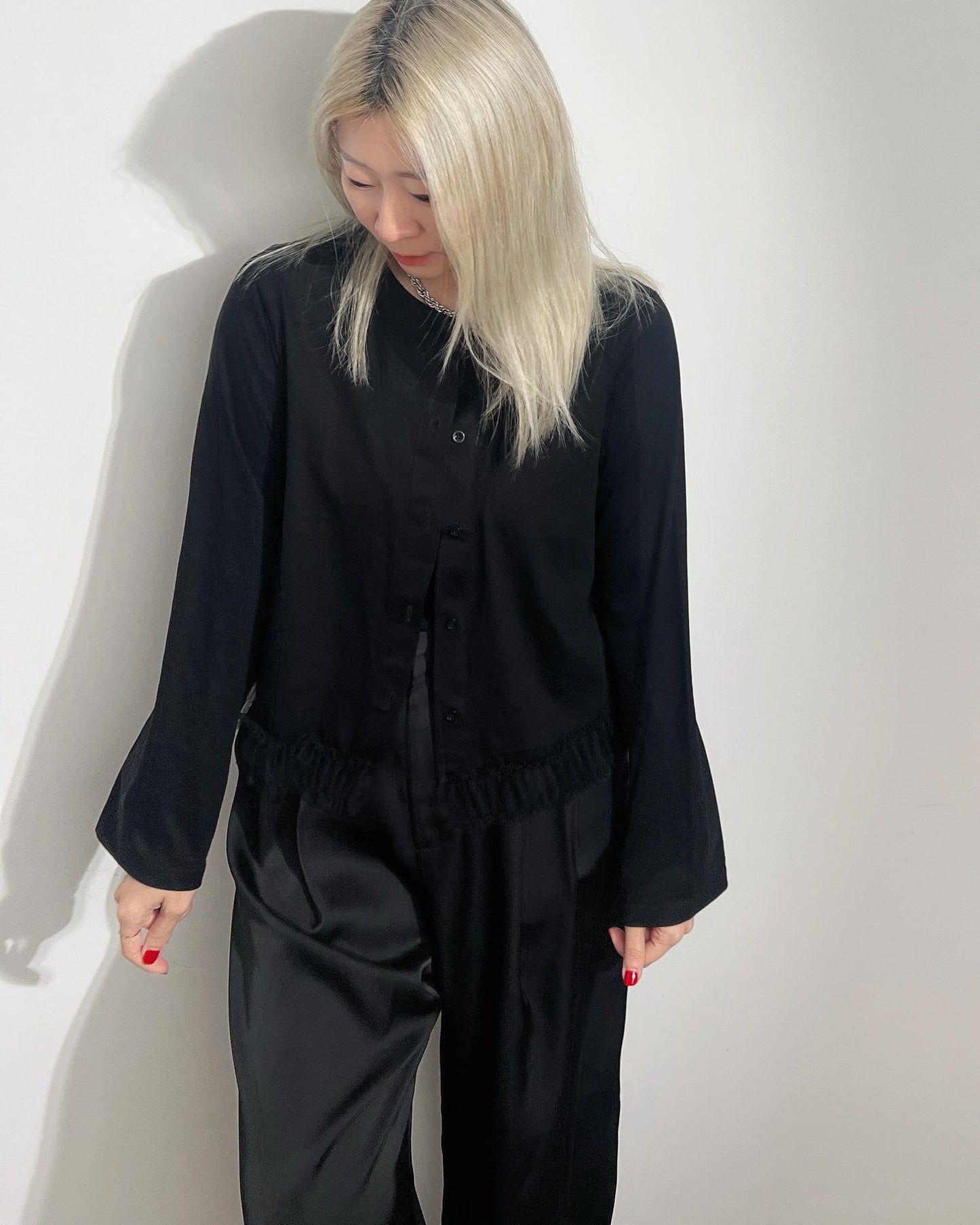 aalis GRAVIA mesh ruching hem cardigan (Black)