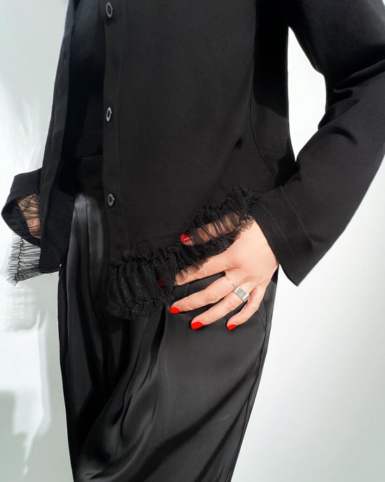 aalis GRAVIA mesh ruching hem cardigan (Black)