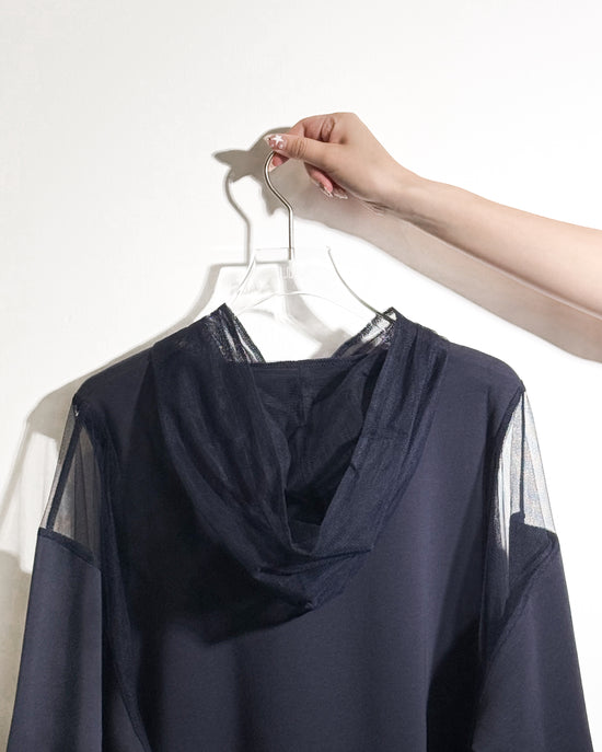 aalis ELIO 冷肩褶皱网纱荷叶边连帽衫 (海军蓝)