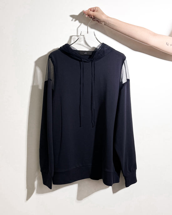aalis ELIO cold shoulder pleated mesh ruffle hoodie (Navy)