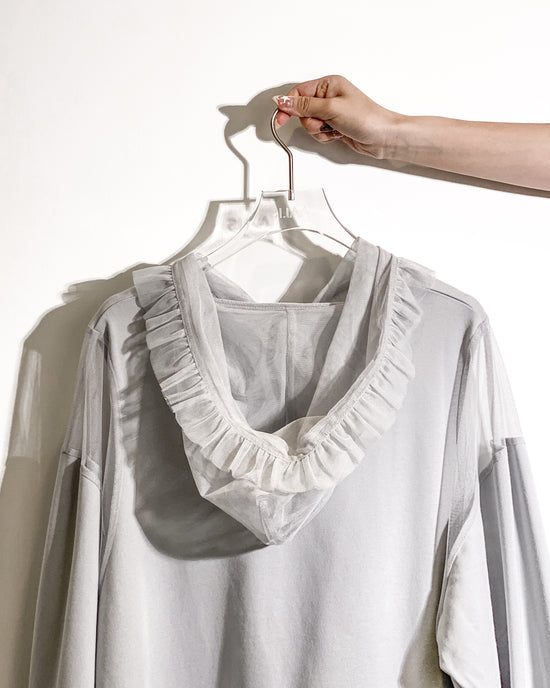 aalis ELIO RUFFLE cold shoulder pleated mesh ruffle hoodie (Light grey)