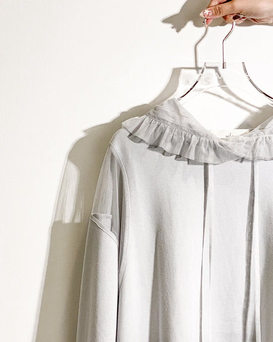 aalis ELIO RUFFLE cold shoulder pleated mesh ruffle hoodie (Light grey)