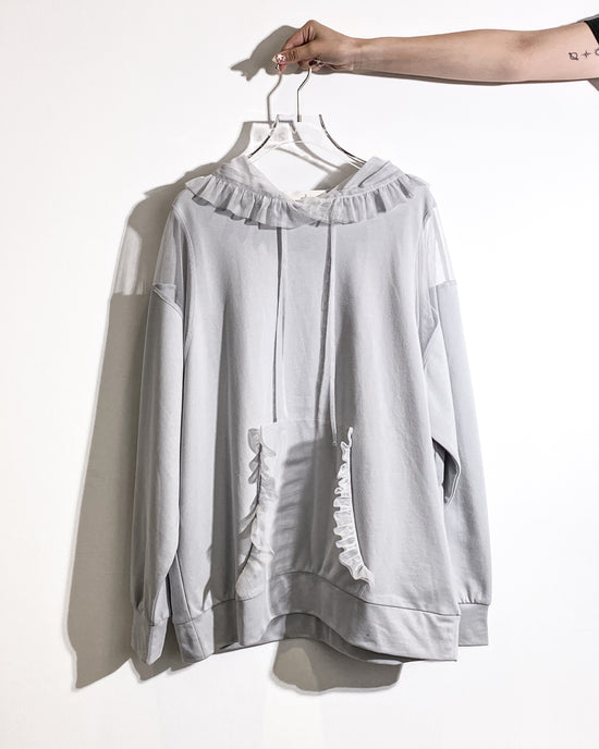 aalis ELIO RUFFLE cold shoulder pleated mesh ruffle hoodie (Light grey)