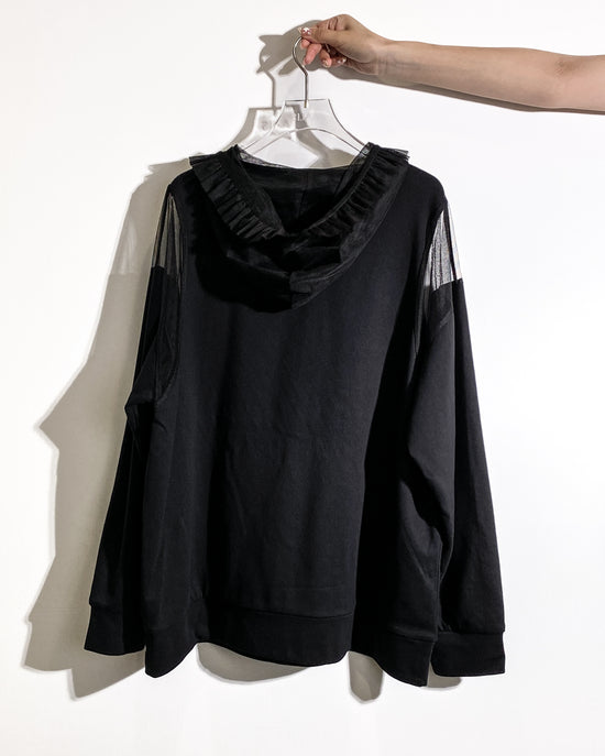 aalis ELIO RUFFLE cold shoulder pleated mesh ruffle hoodie (Black)