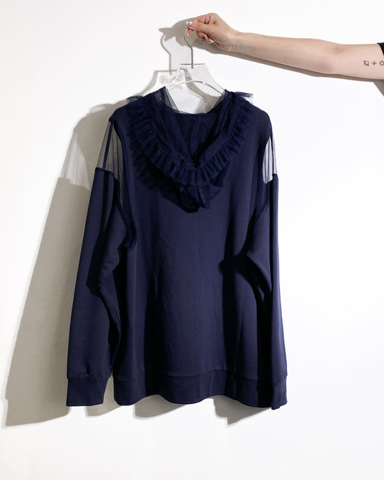 aalis ELIO RUFFLE cold shoulder pleated mesh ruffle hoodie (Navy)