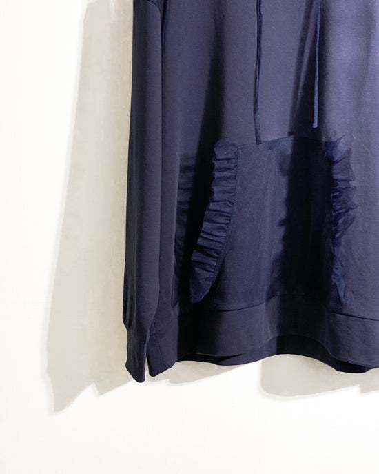 aalis ELIO RUFFLE cold shoulder pleated mesh ruffle hoodie (Navy)