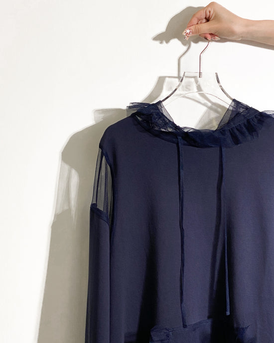 aalis ELIO RUFFLE cold shoulder pleated mesh ruffle hoodie (Navy)