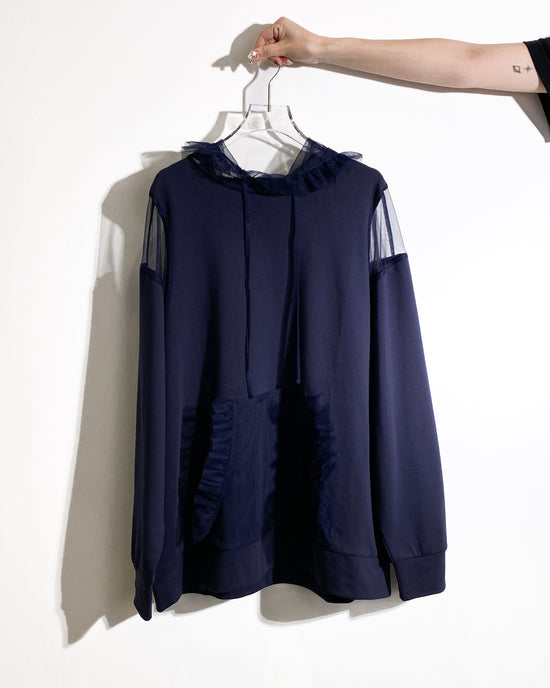 aalis ELIO RUFFLE cold shoulder pleated mesh ruffle hoodie (Navy)