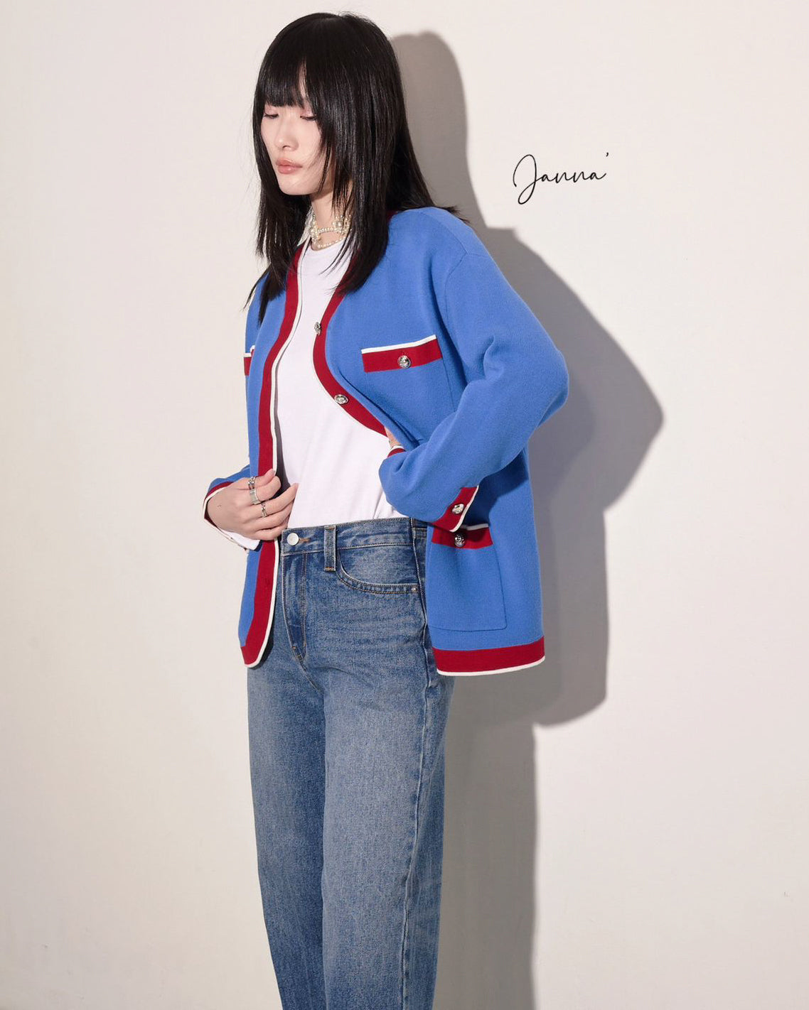 aalis JANNA color blocking mid-length cardigan (Blue mix)