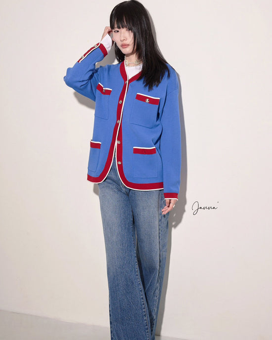 aalis JANNA color blocking mid-length cardigan (Blue mix)