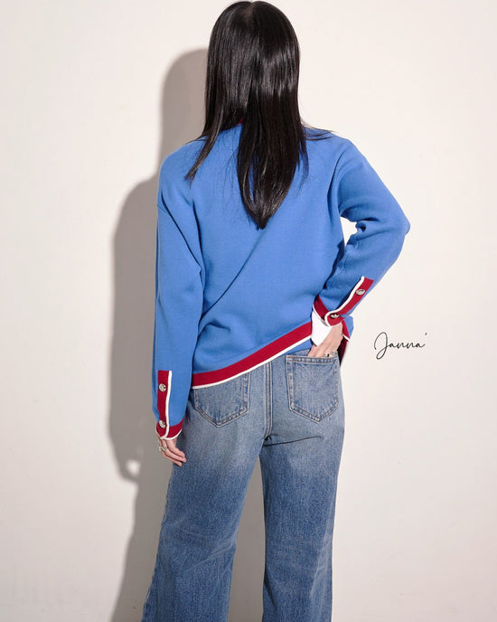 aalis JANNA color blocking mid-length cardigan (Blue mix)