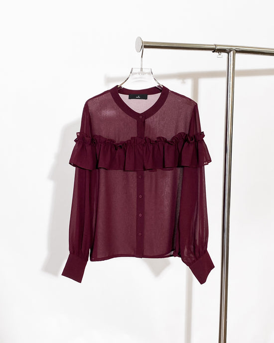 aalis SUKA ruffle front button down chiffon shirt (Burgundy)