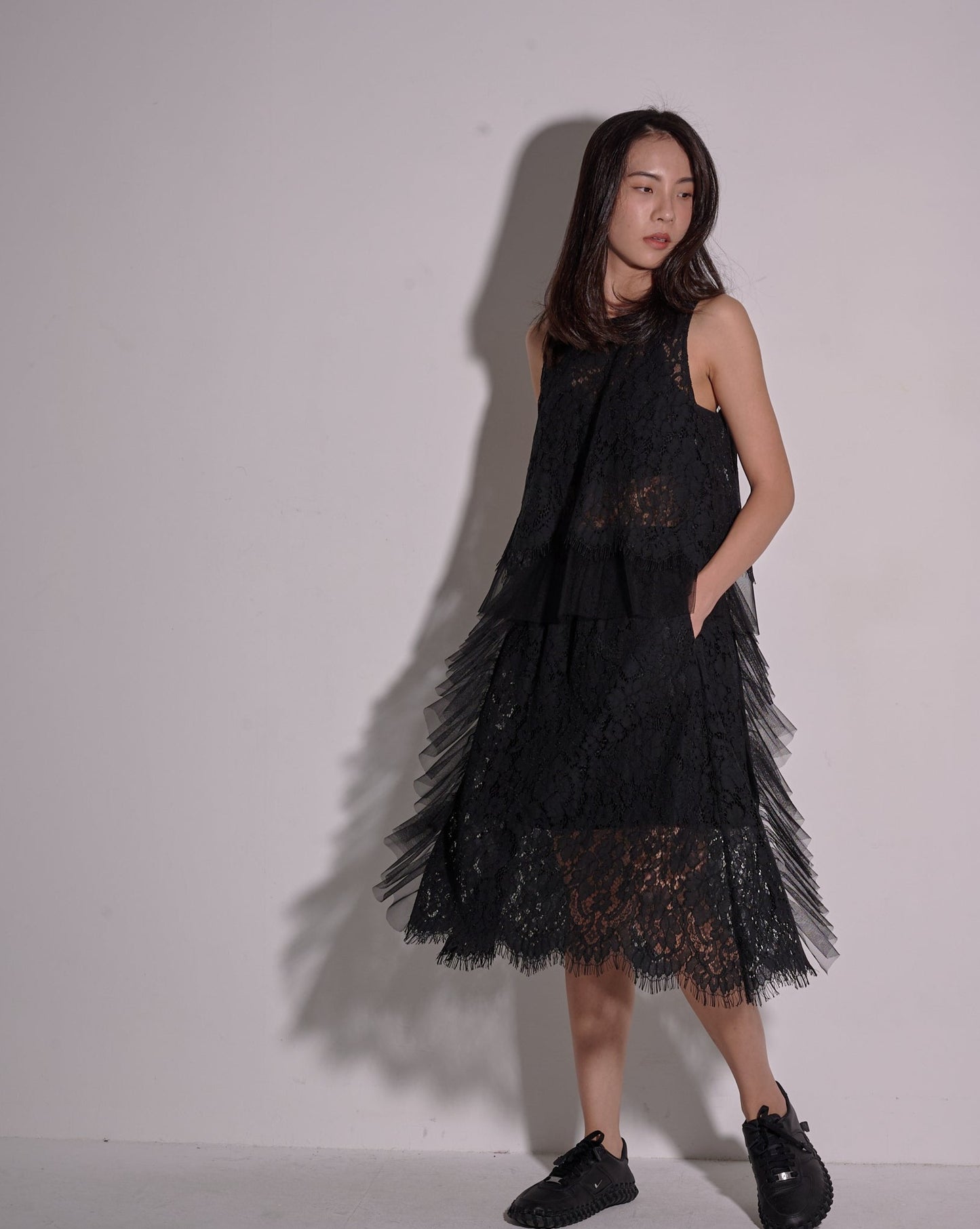 Load image into Gallery viewer, aalis SONNA lace dress with mesh cascade trim (Black)
